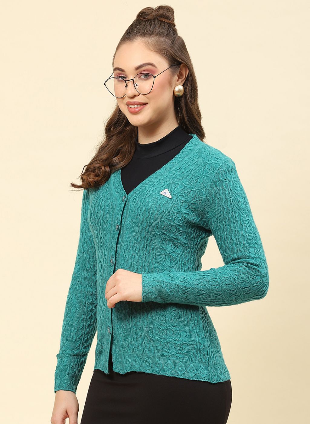 Women Sea Green Self Design Blend wool Cardigan