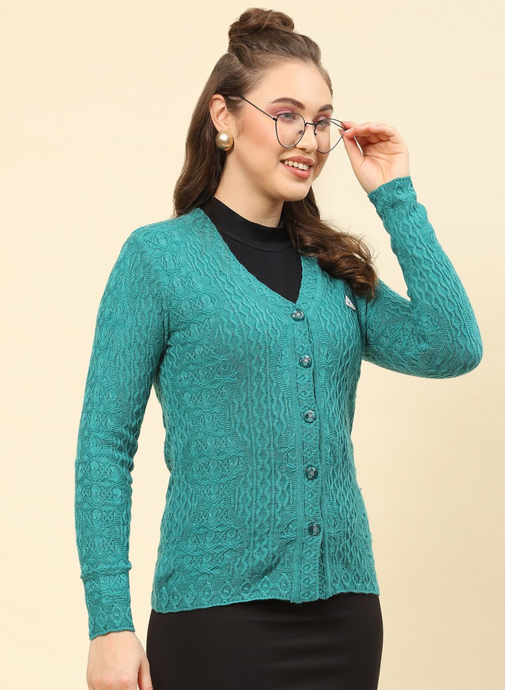 Women Sea Green Self Design Blend wool Cardigan