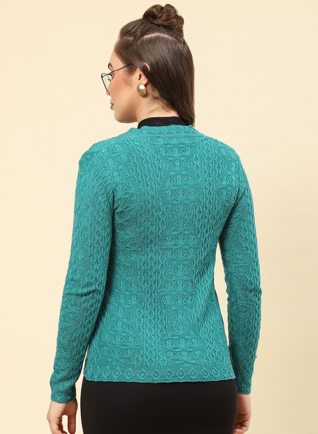 Women Sea Green Self Design Blend wool Cardigan