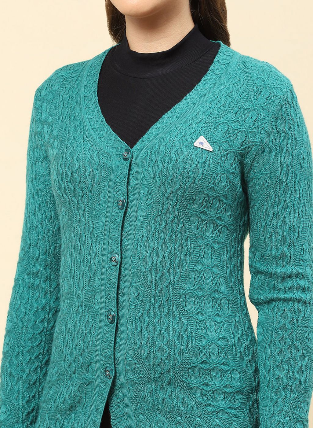 Women Sea Green Self Design Blend wool Cardigan