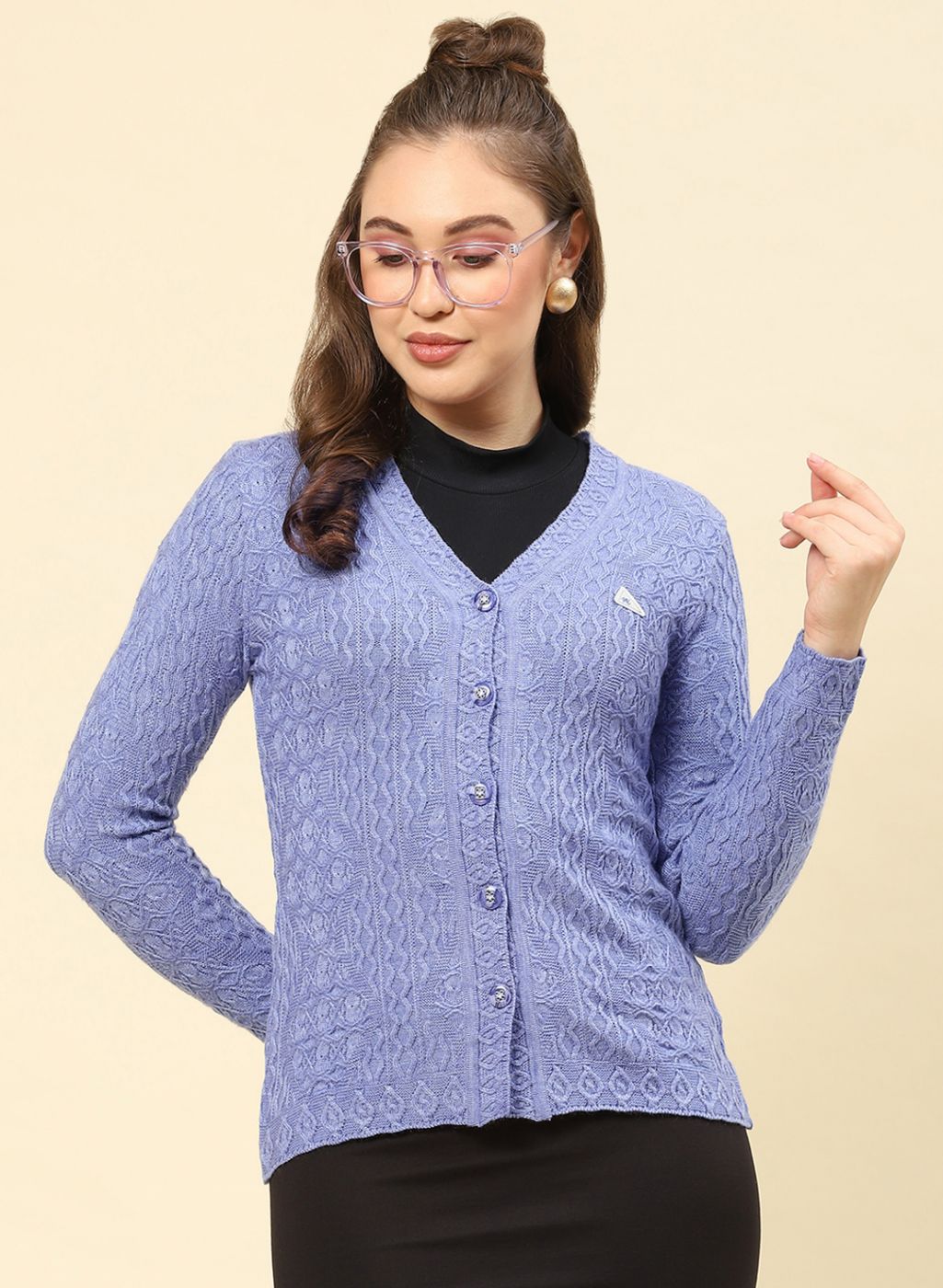 Women Purple Self Design Blend wool Cardigan