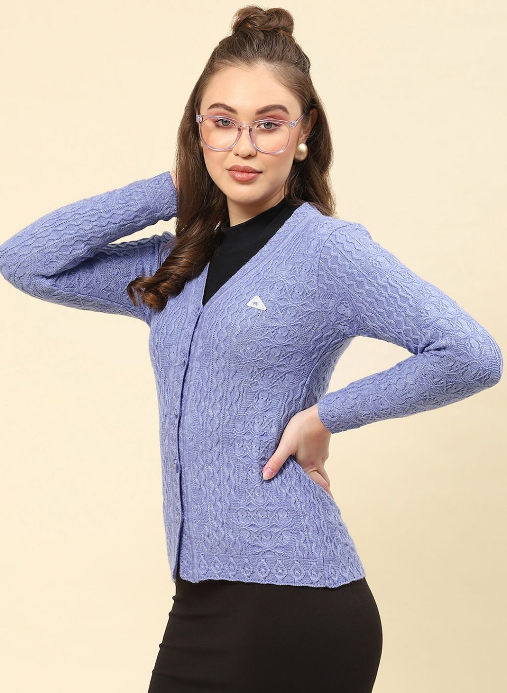 Women Purple Self Design Blend wool Cardigan