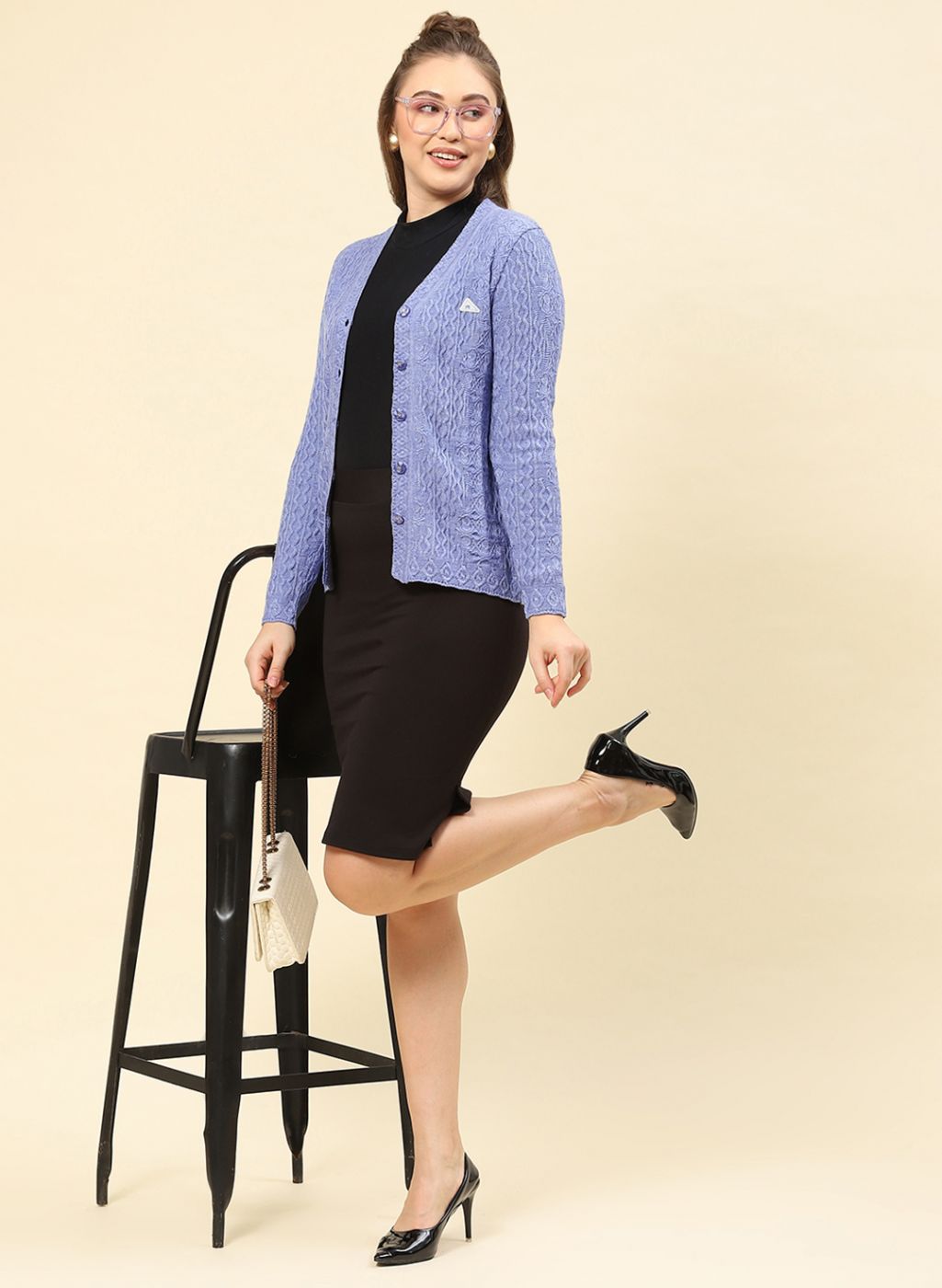 Women Purple Self Design Blend wool Cardigan