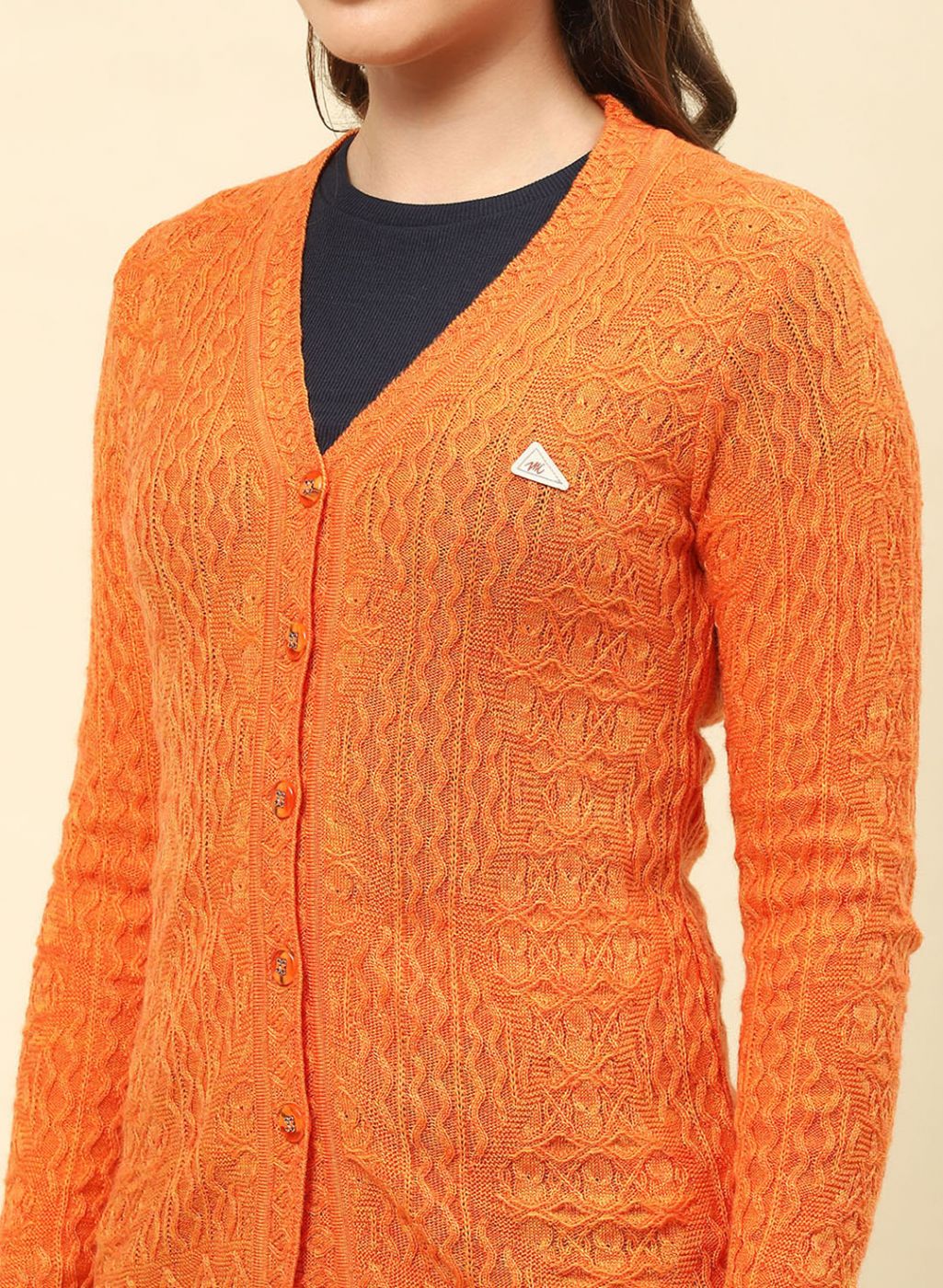 Women Orange Self Design Blend wool Cardigan