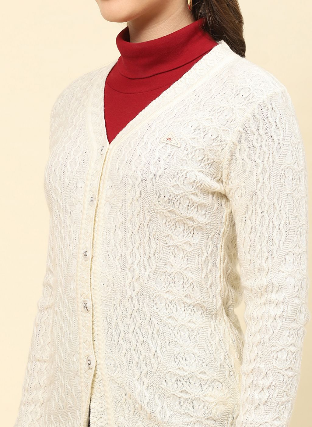 Women Cream Self Design Blend wool Cardigan