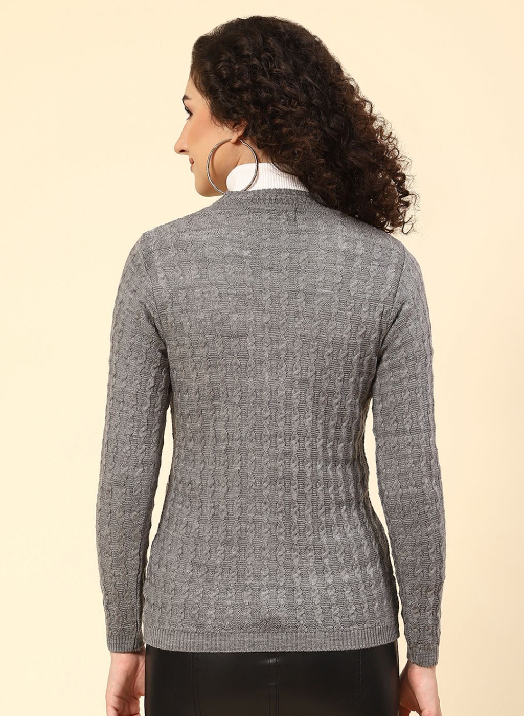 Women Grey Self Design Wool blend Cardigan