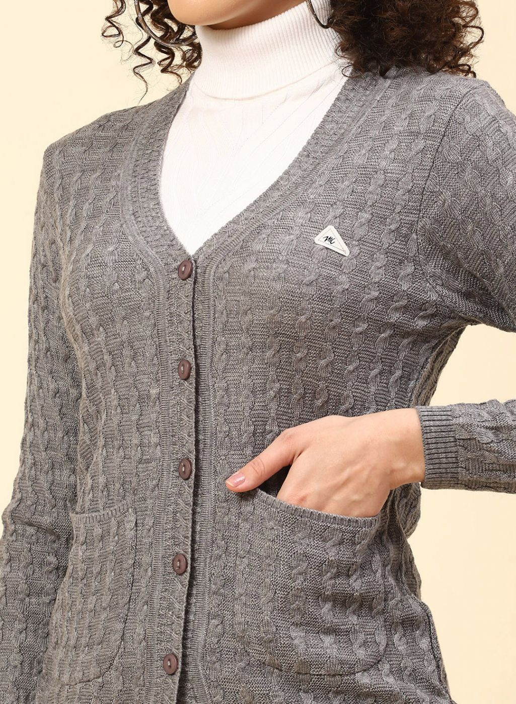 Women Grey Self Design Wool blend Cardigan