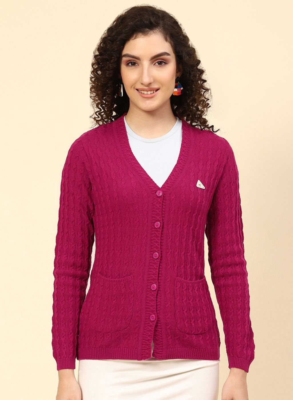 Women Dark Pink Self Design Wool blend Cardigan