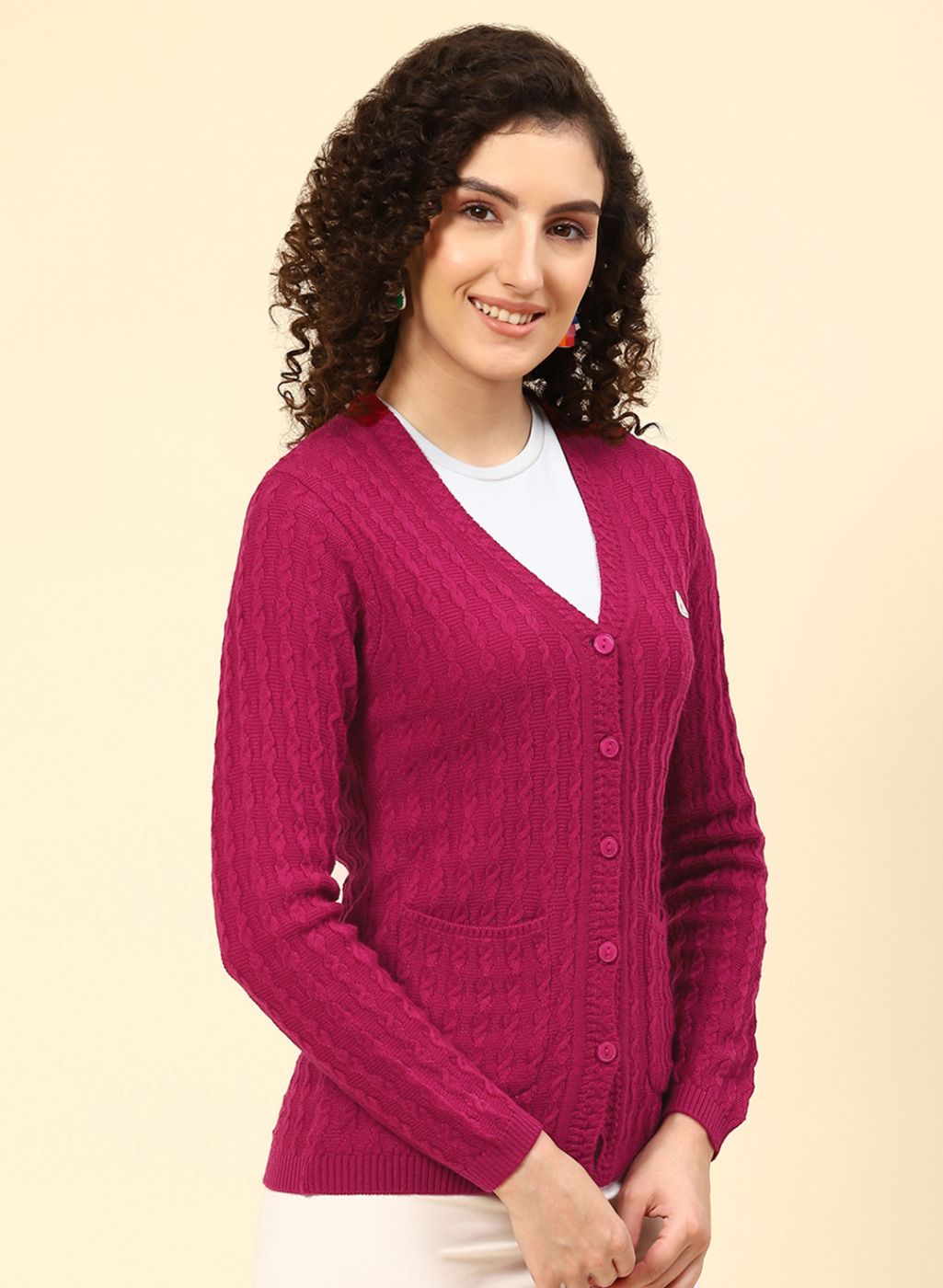 Women Dark Pink Self Design Wool blend Cardigan