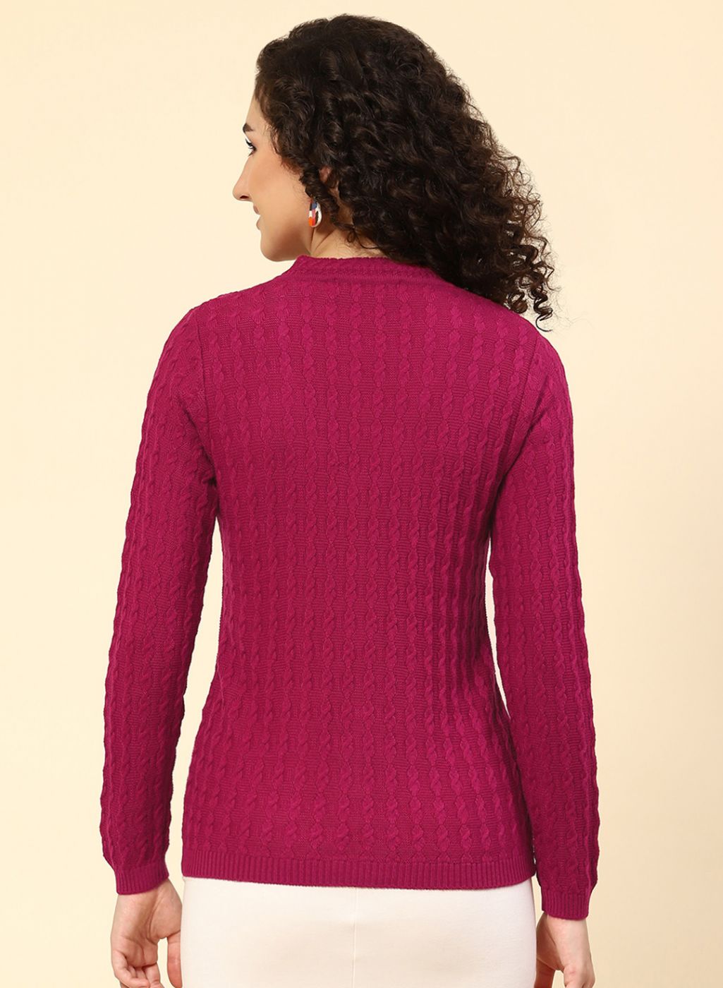 Women Dark Pink Self Design Wool blend Cardigan