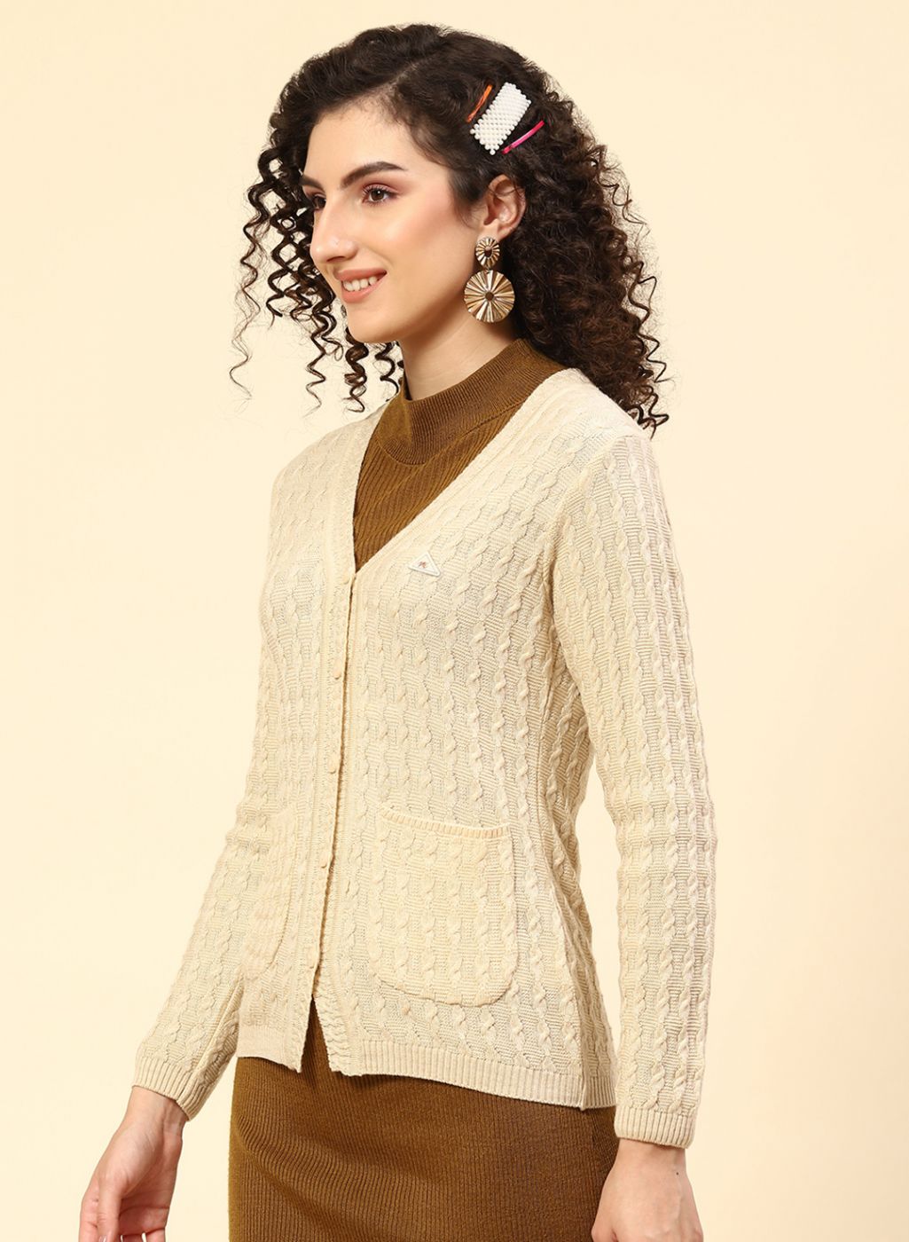 Women Beige Self Design Wool blend Cardigan