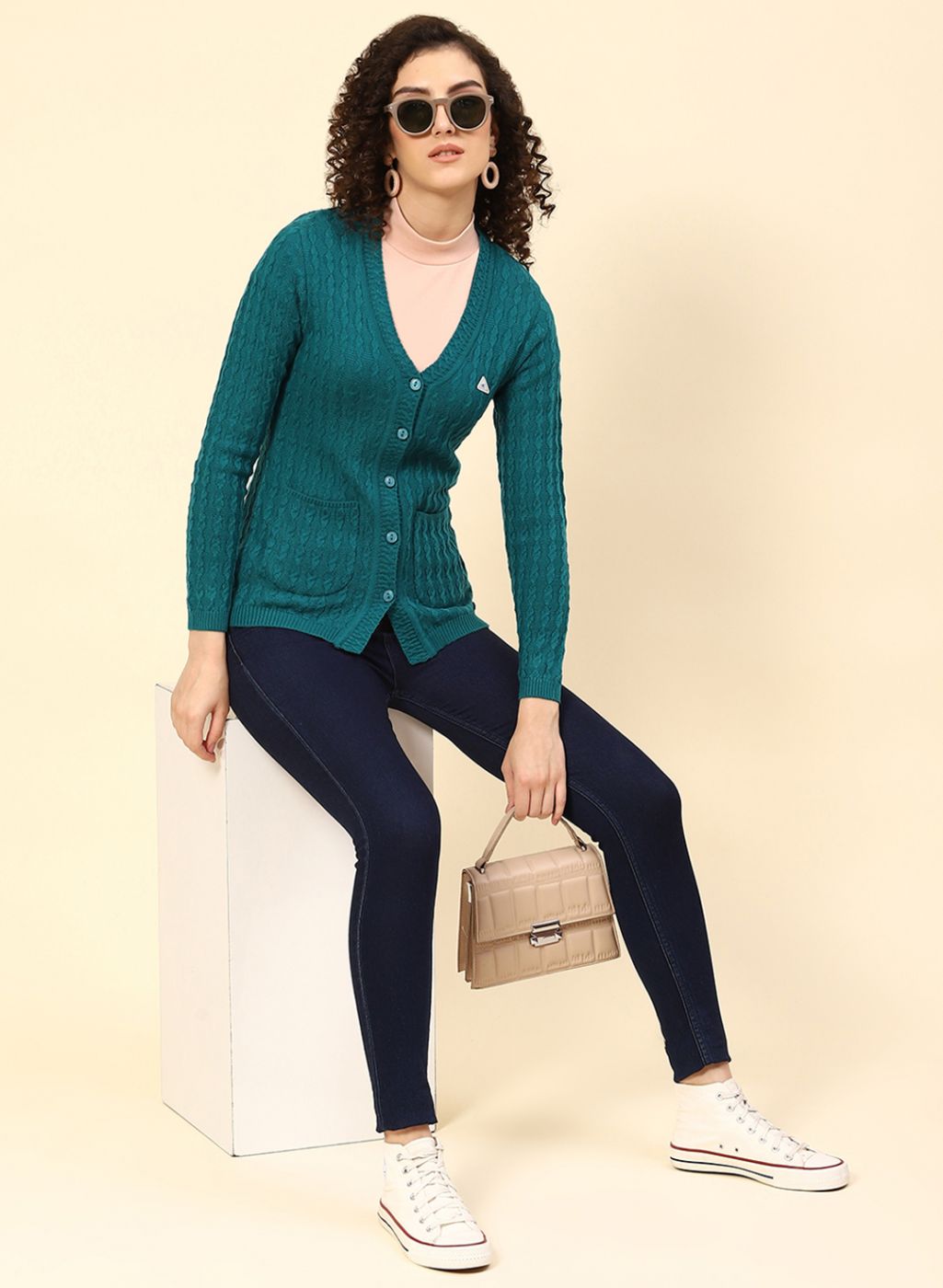 Women Green Self Design Wool blend Cardigan