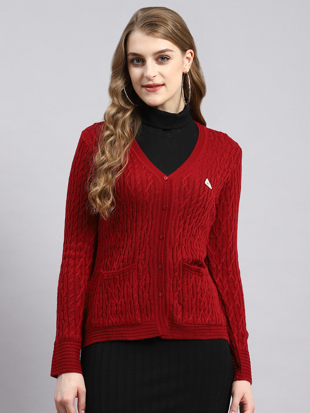 Women Red Self Cardigan