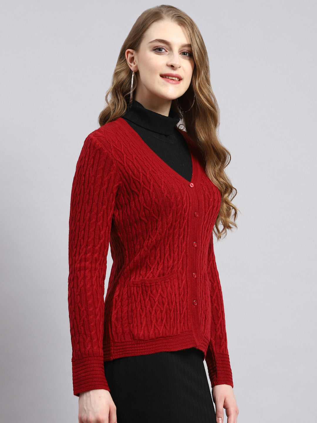 Women Red Self Cardigan
