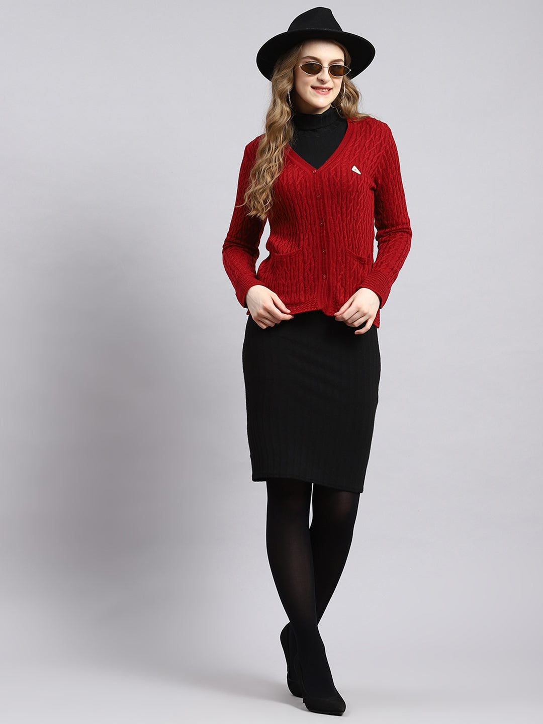 Women Red Self Cardigan