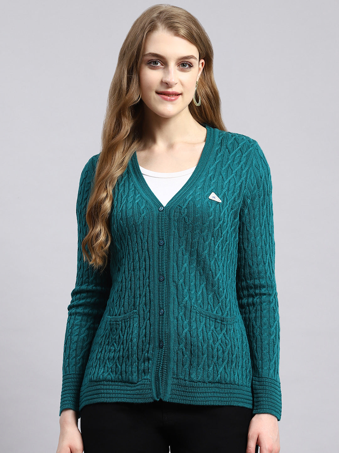 Women Green Self Cardigan
