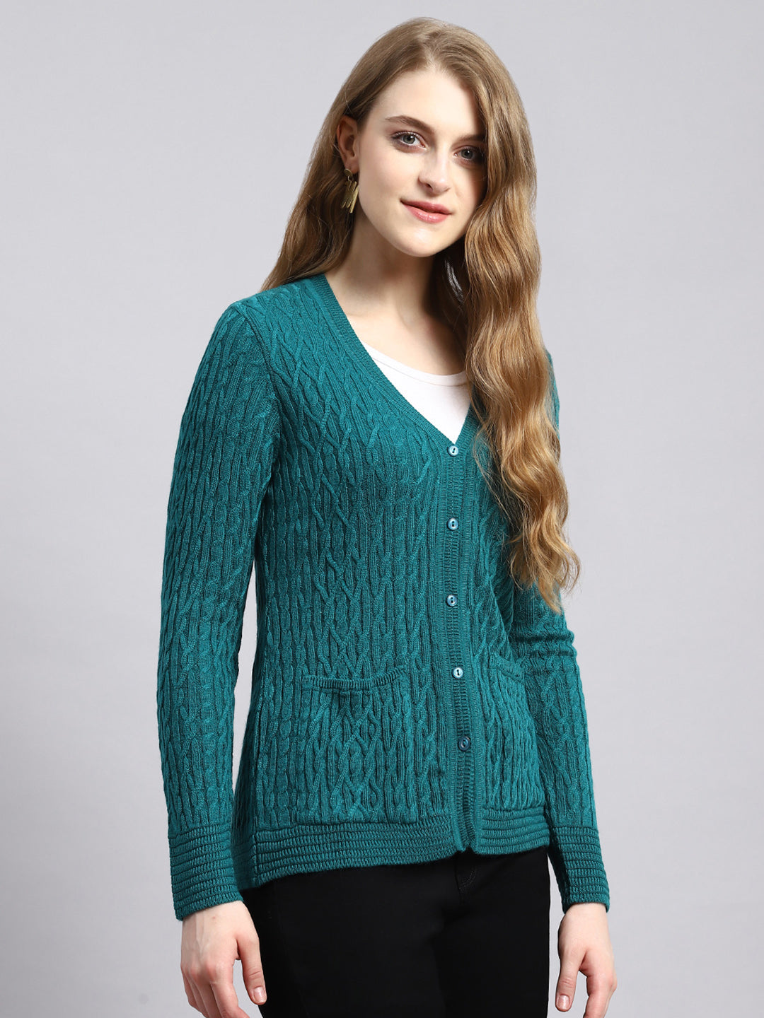 Women Green Self Cardigan