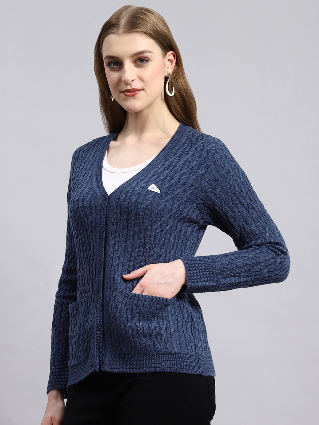 Women Blue Self Cardigan