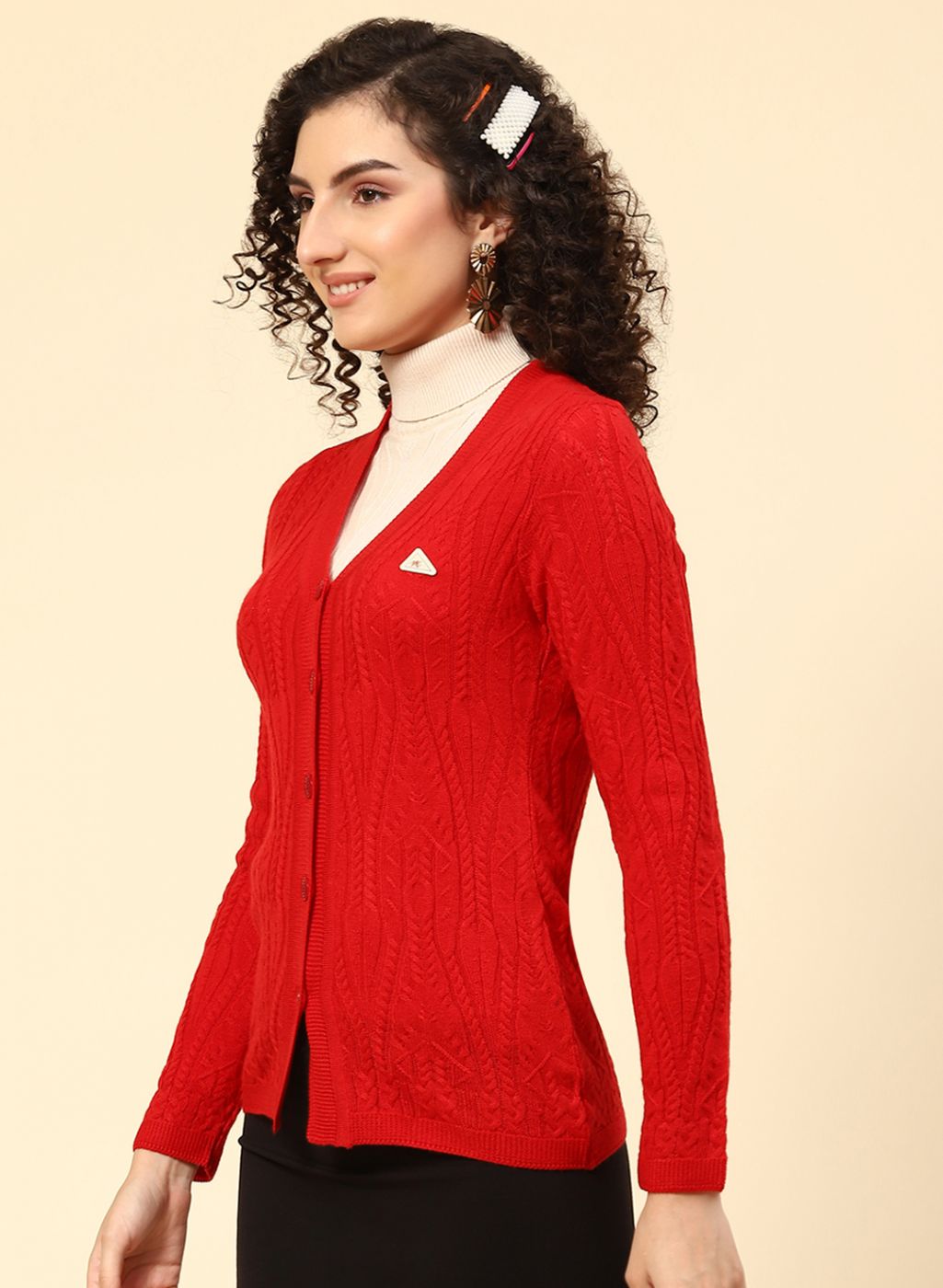 Women Red Self Design Wool blend Cardigan