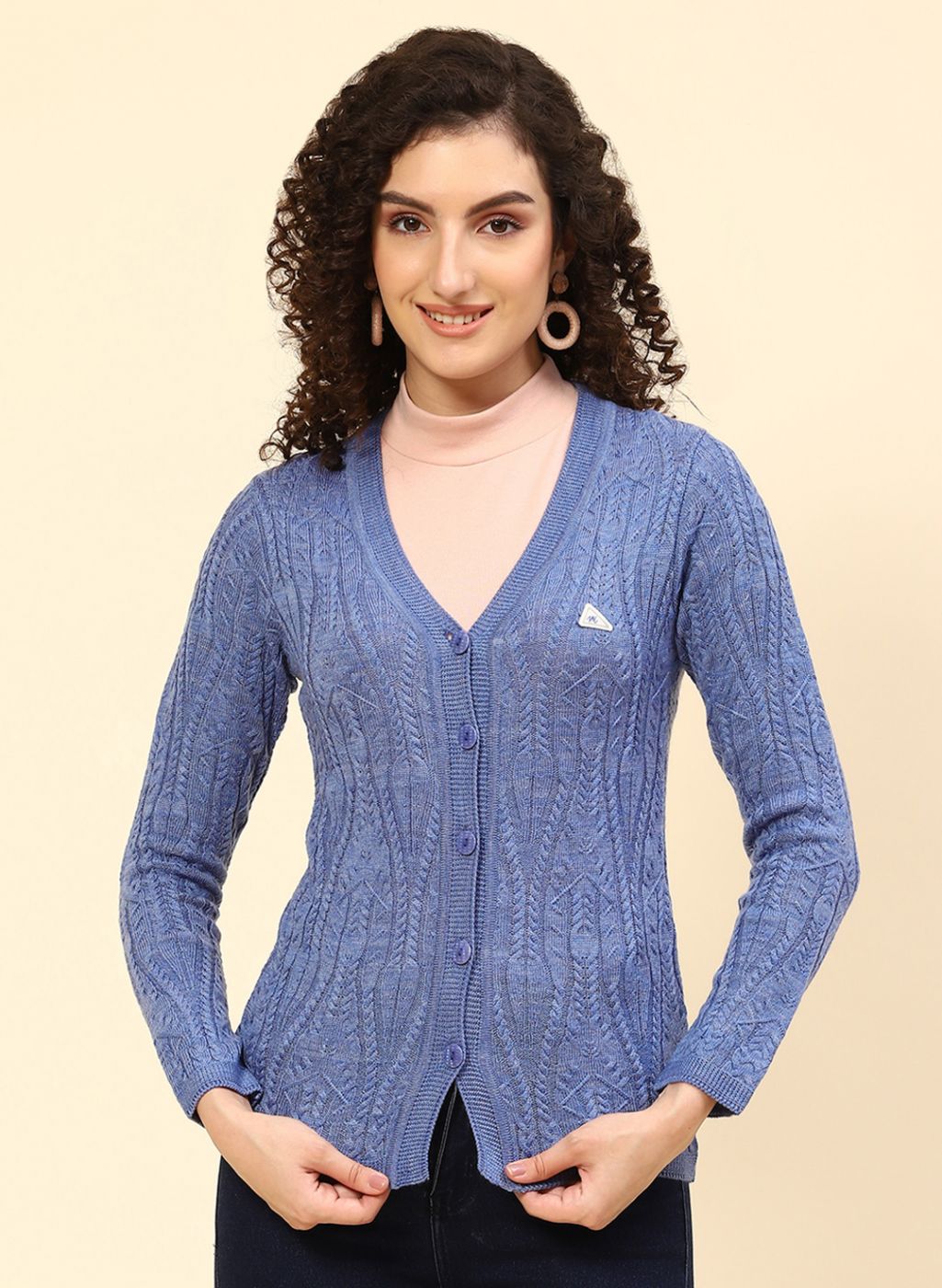 Women Blue Self Design Wool blend Cardigan