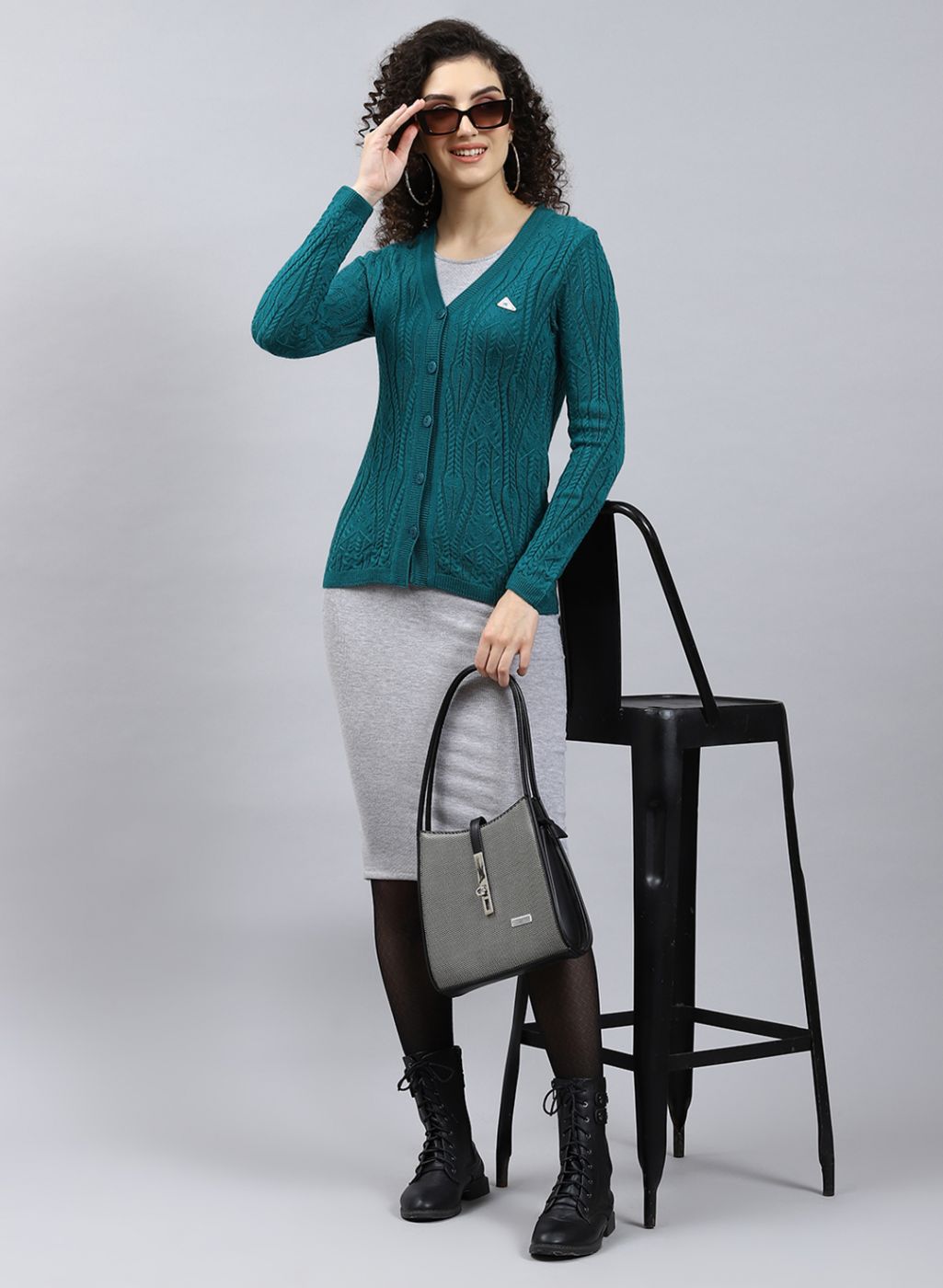 Women Green Self Design Wool blend Cardigan