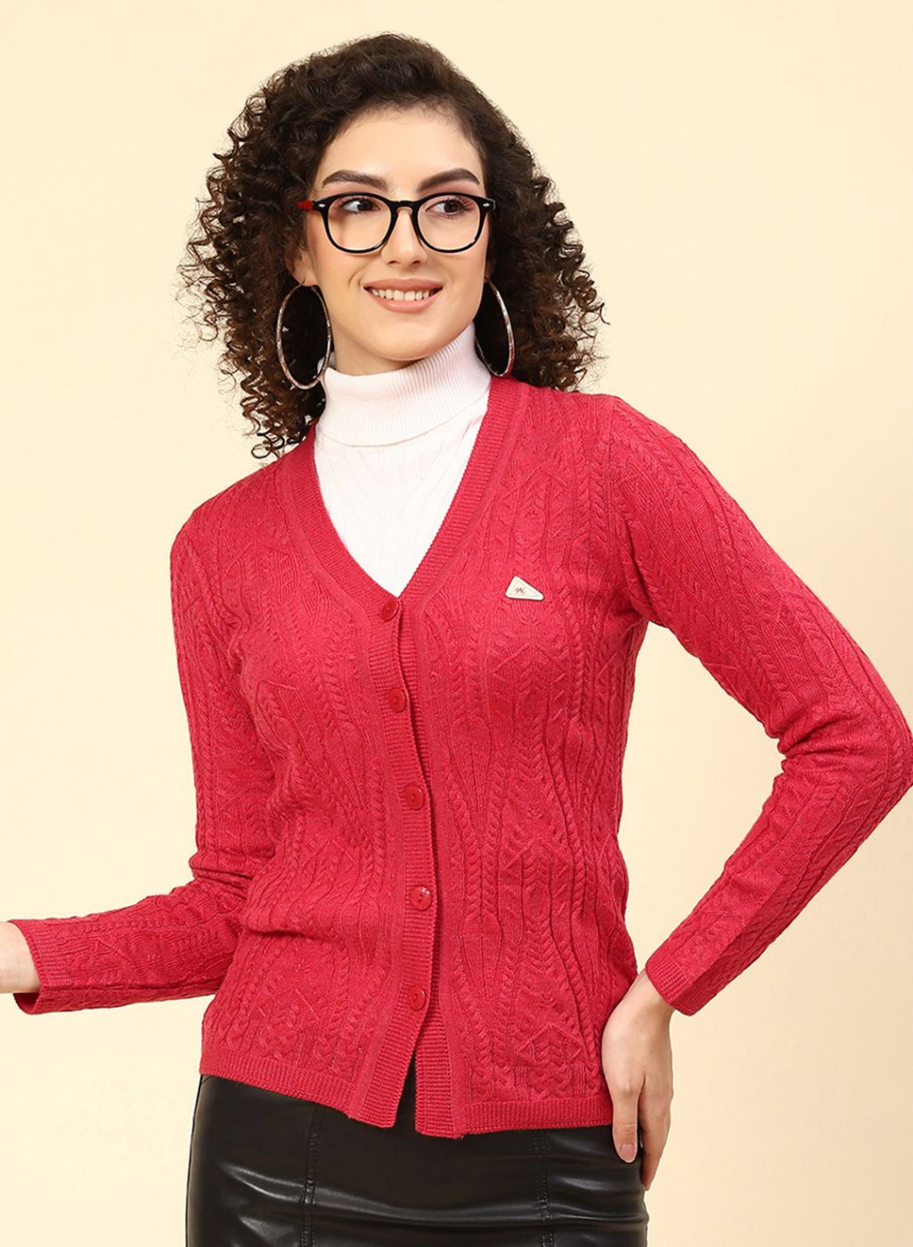 Women Red Self Design Wool blend Cardigan