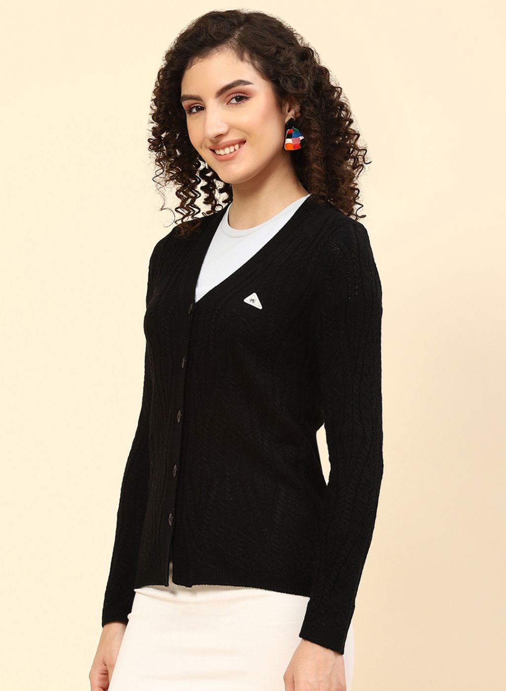 Women Black Self Design Wool blend Cardigan