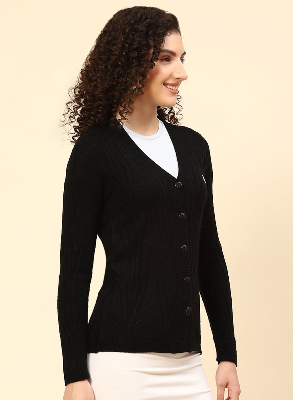 Women Black Self Design Wool blend Cardigan