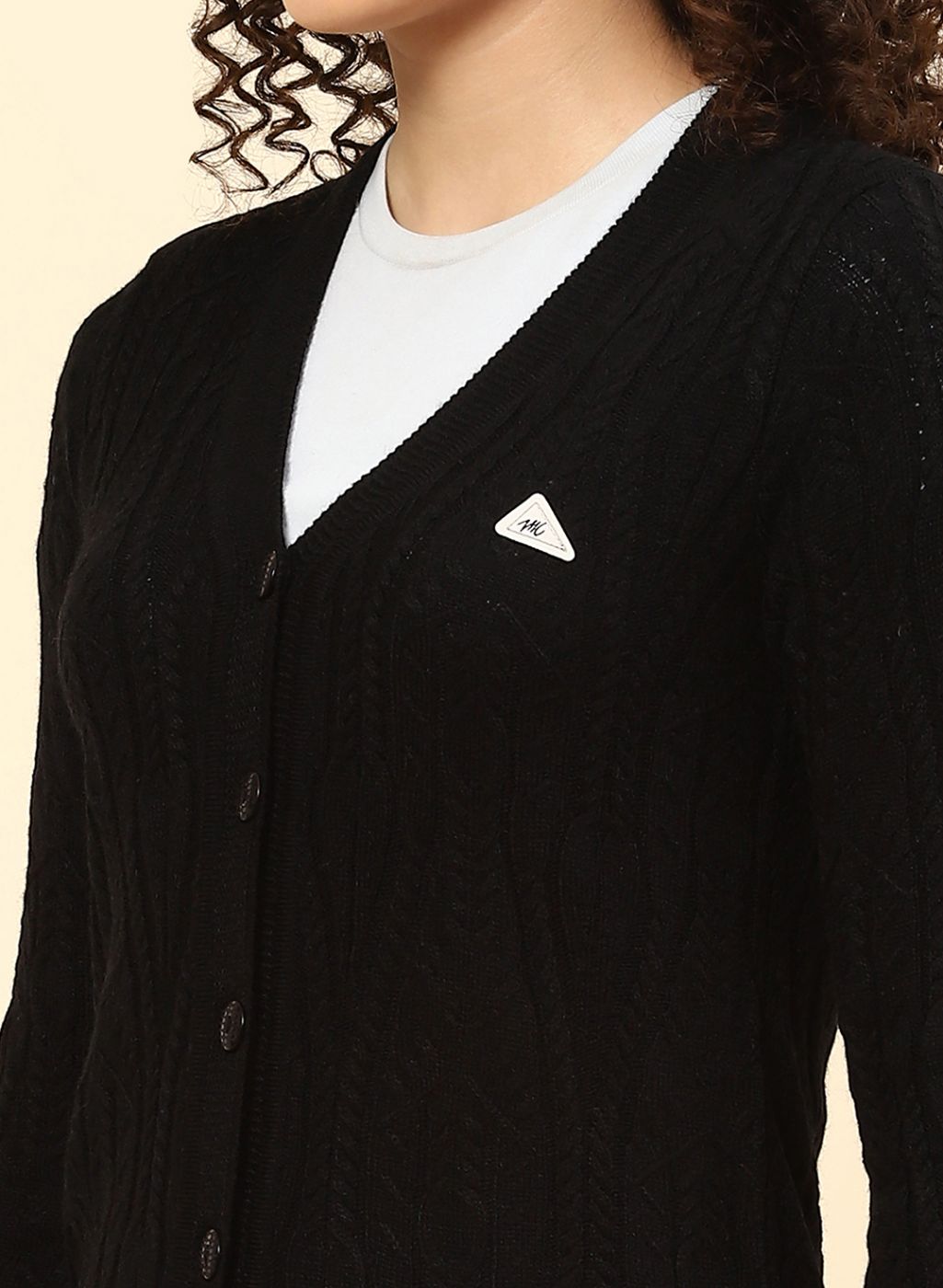 Women Black Self Design Wool blend Cardigan