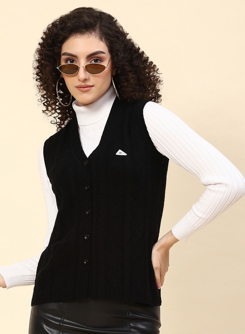 Women Black Self Design Wool blend Cardigan