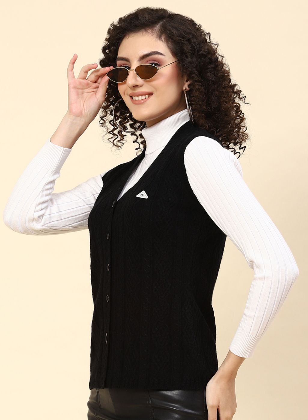 Women Black Self Design Wool blend Cardigan