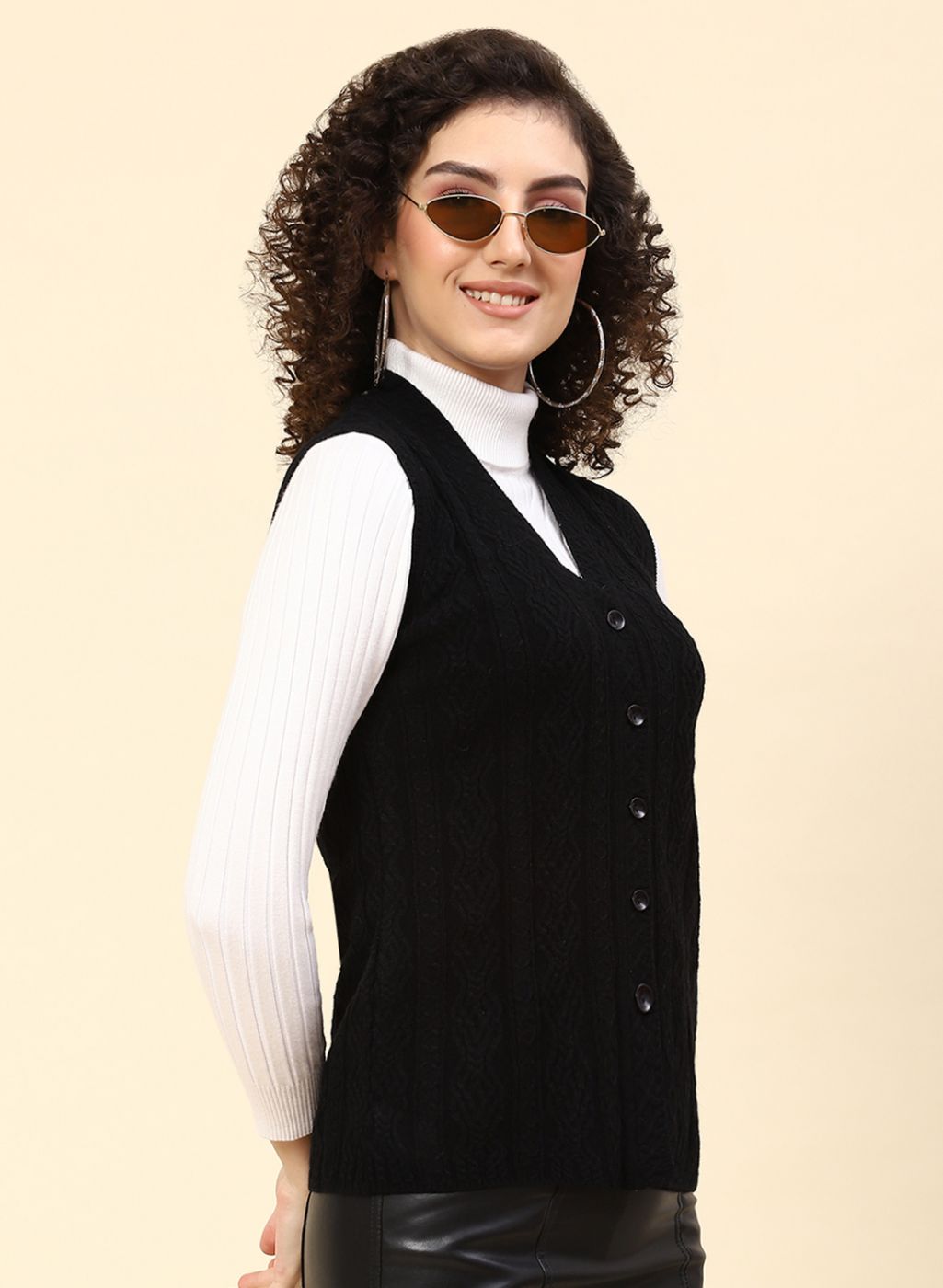 Women Black Self Design Wool blend Cardigan