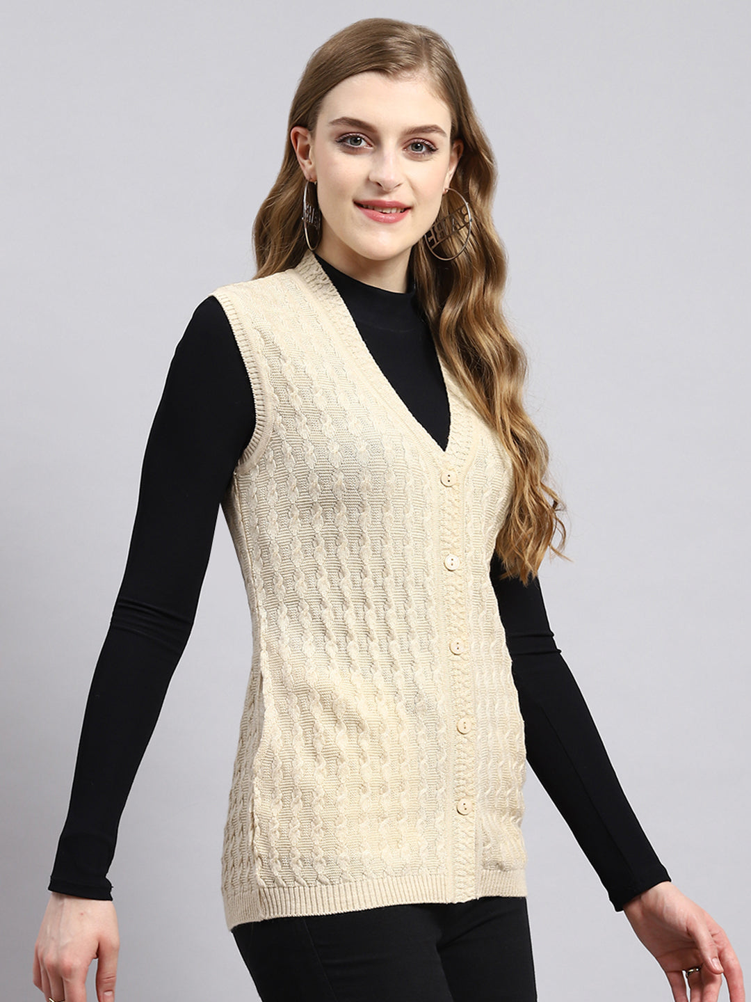 Women Beige Self Cardigan