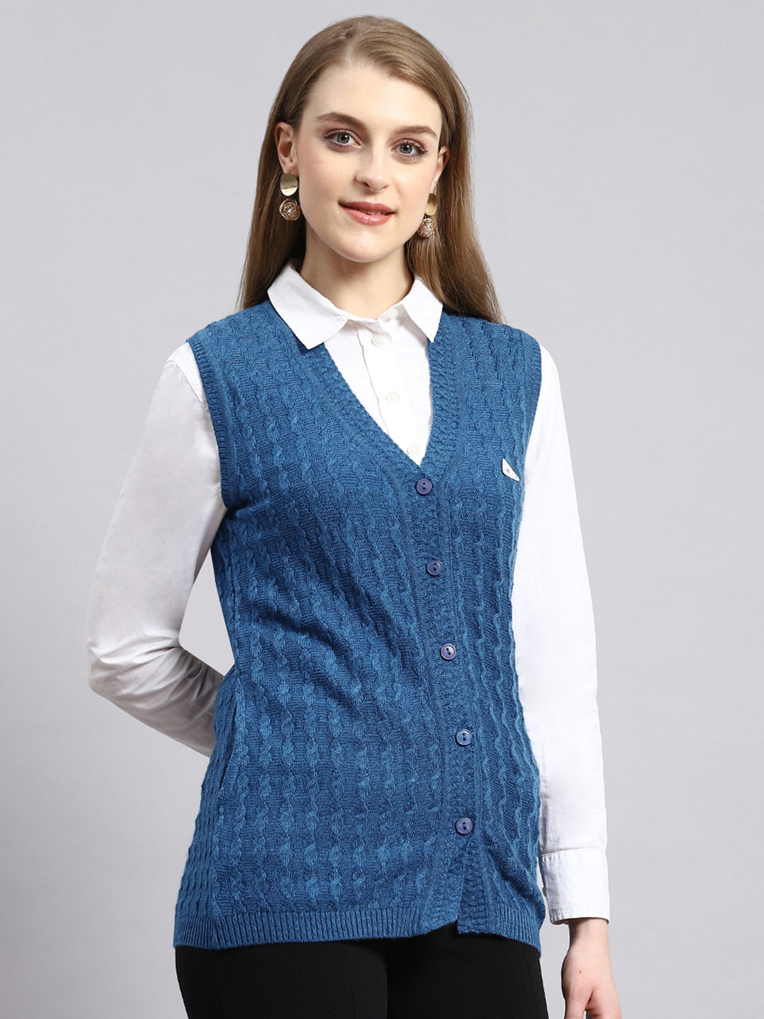 Women Navy Blue Self Cardigan