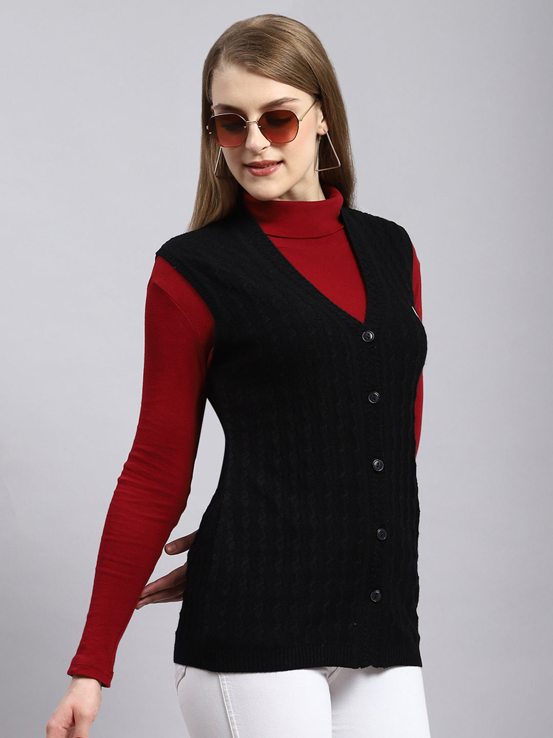 Women Black Self Cardigan