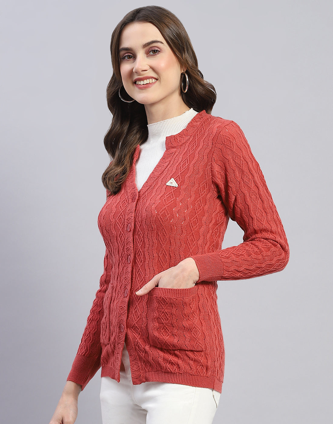 Women Peach Self Design V Neck Full Sleeve Cardigan