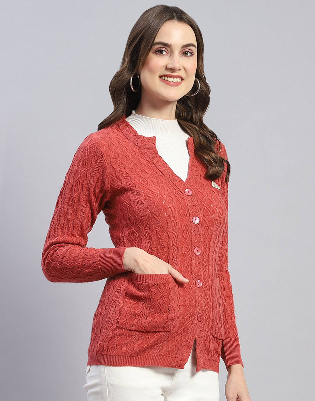 Women Peach Self Design V Neck Full Sleeve Cardigan