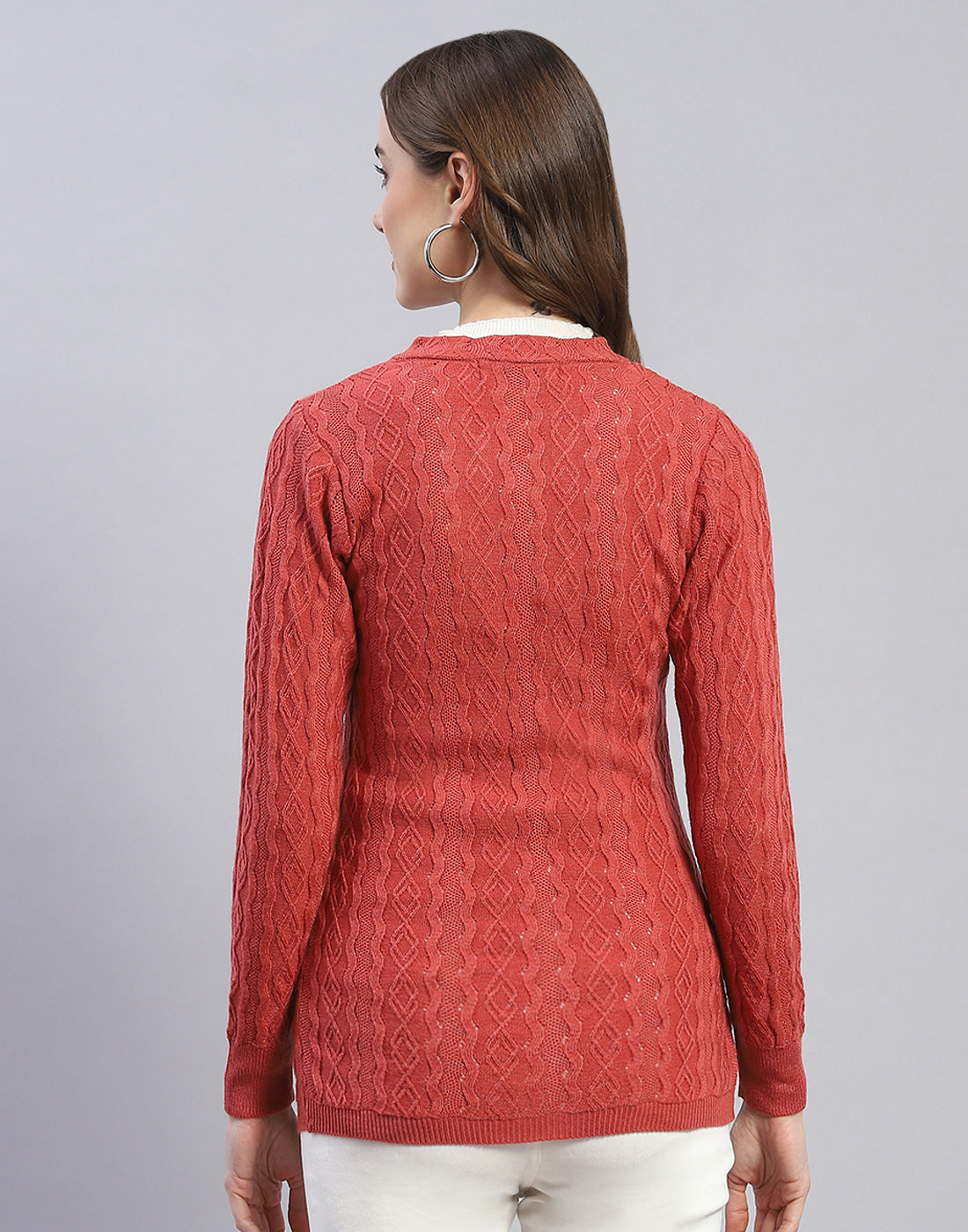 Women Peach Self Design V Neck Full Sleeve Cardigan