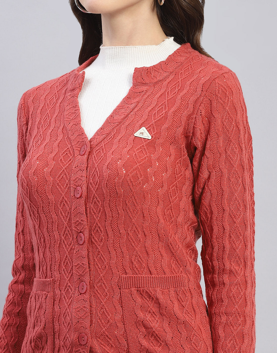 Women Peach Self Design V Neck Full Sleeve Cardigan