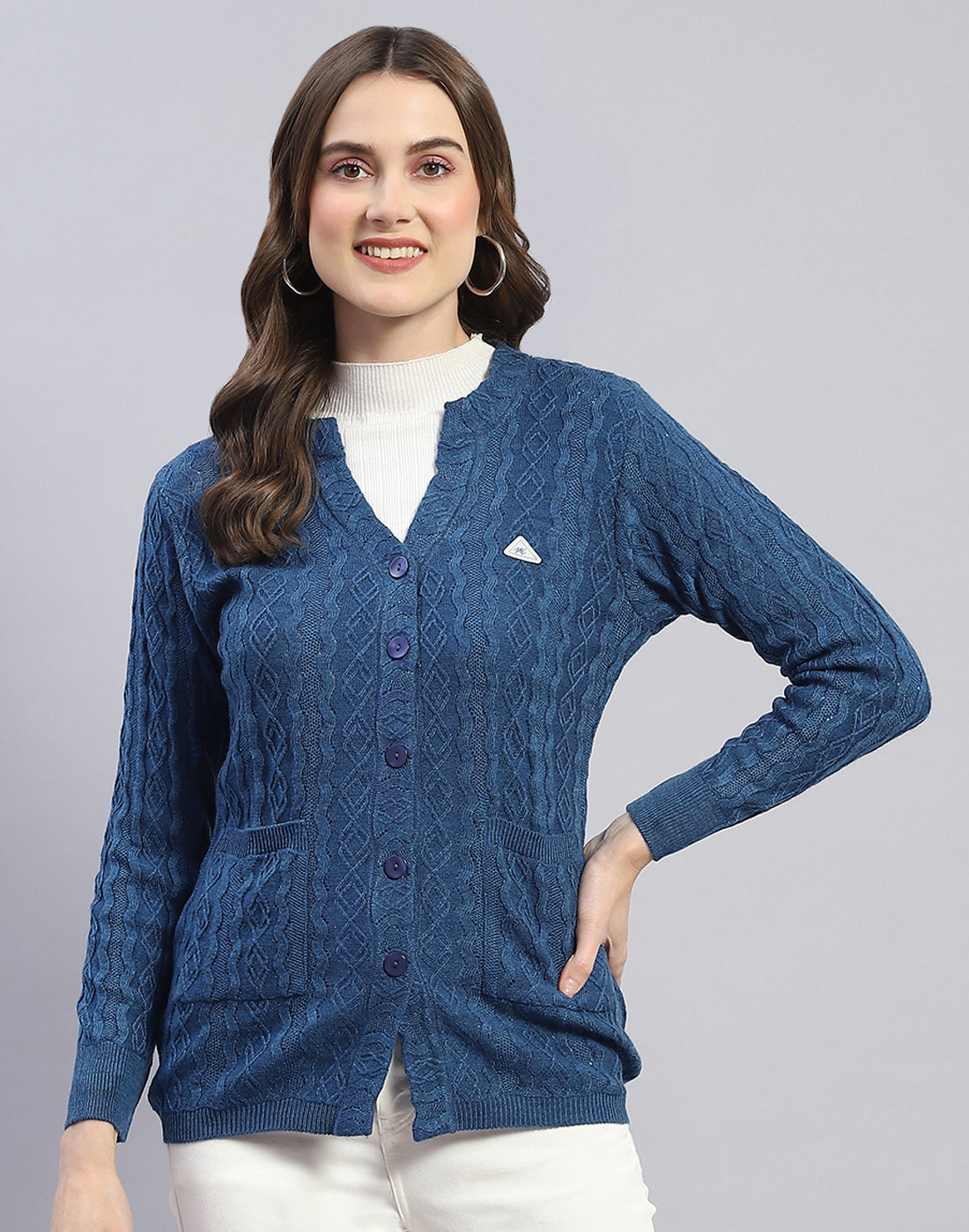 Women Blue Self Design V Neck Full Sleeve Cardigan