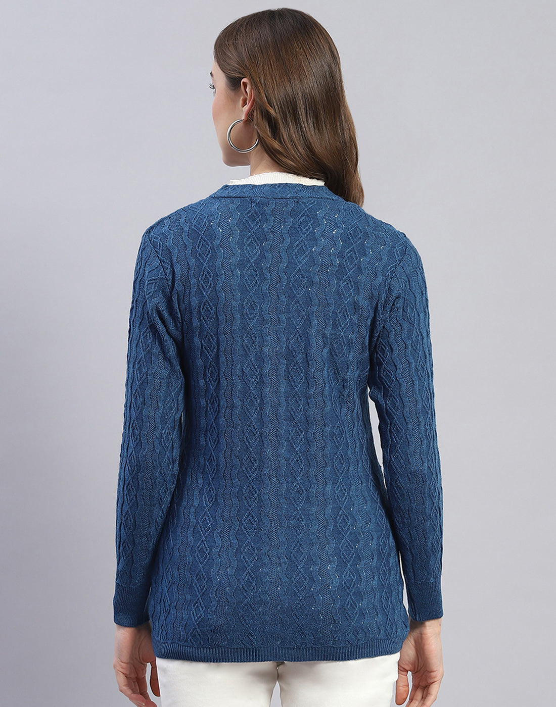 Women Blue Self Design V Neck Full Sleeve Cardigan