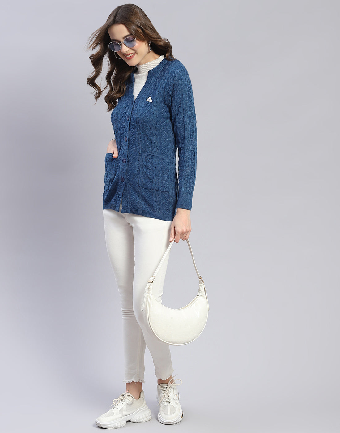 Women Blue Self Design V Neck Full Sleeve Cardigan
