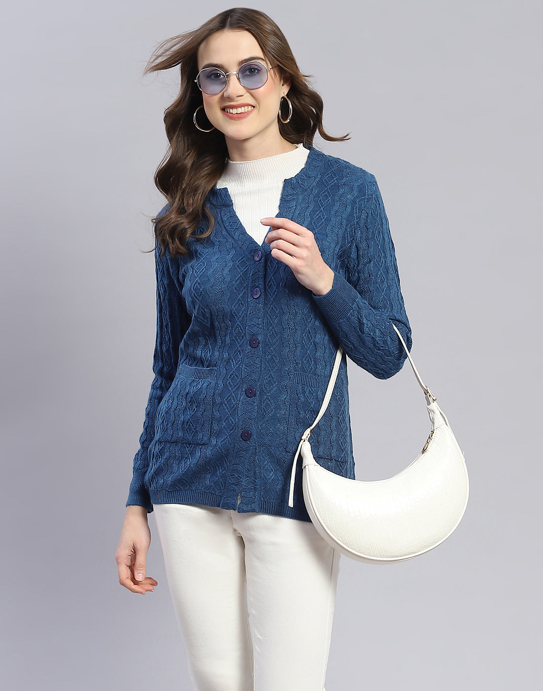 Women Blue Self Design V Neck Full Sleeve Cardigan