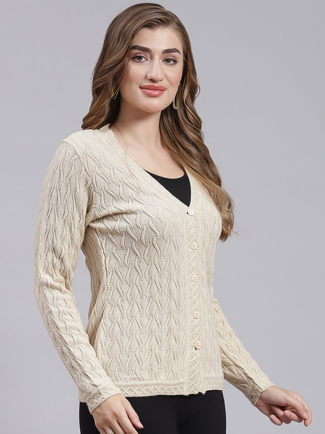 Women Beige Self Design Wool blend Cardigan