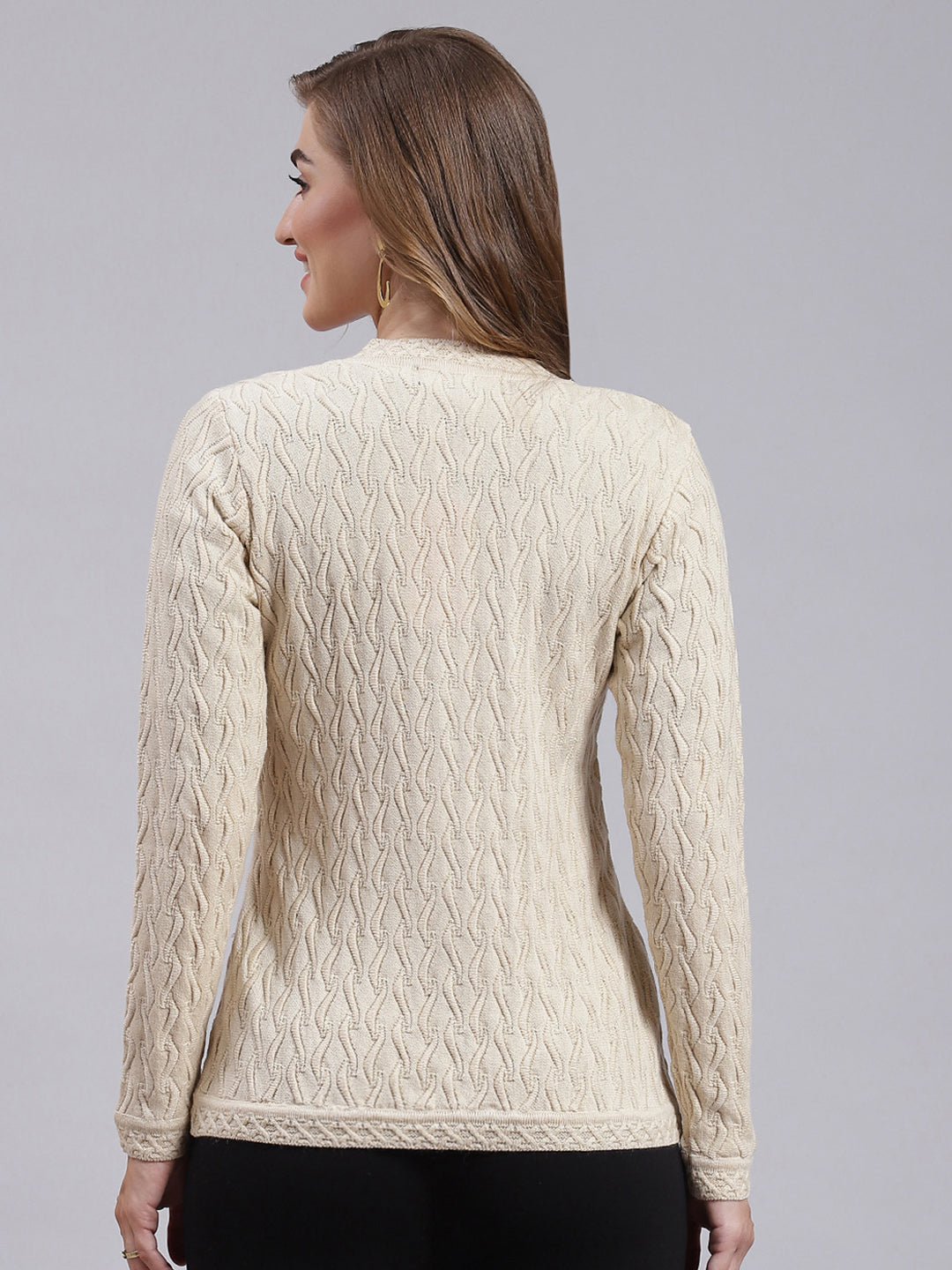 Women Beige Self Design Wool blend Cardigan