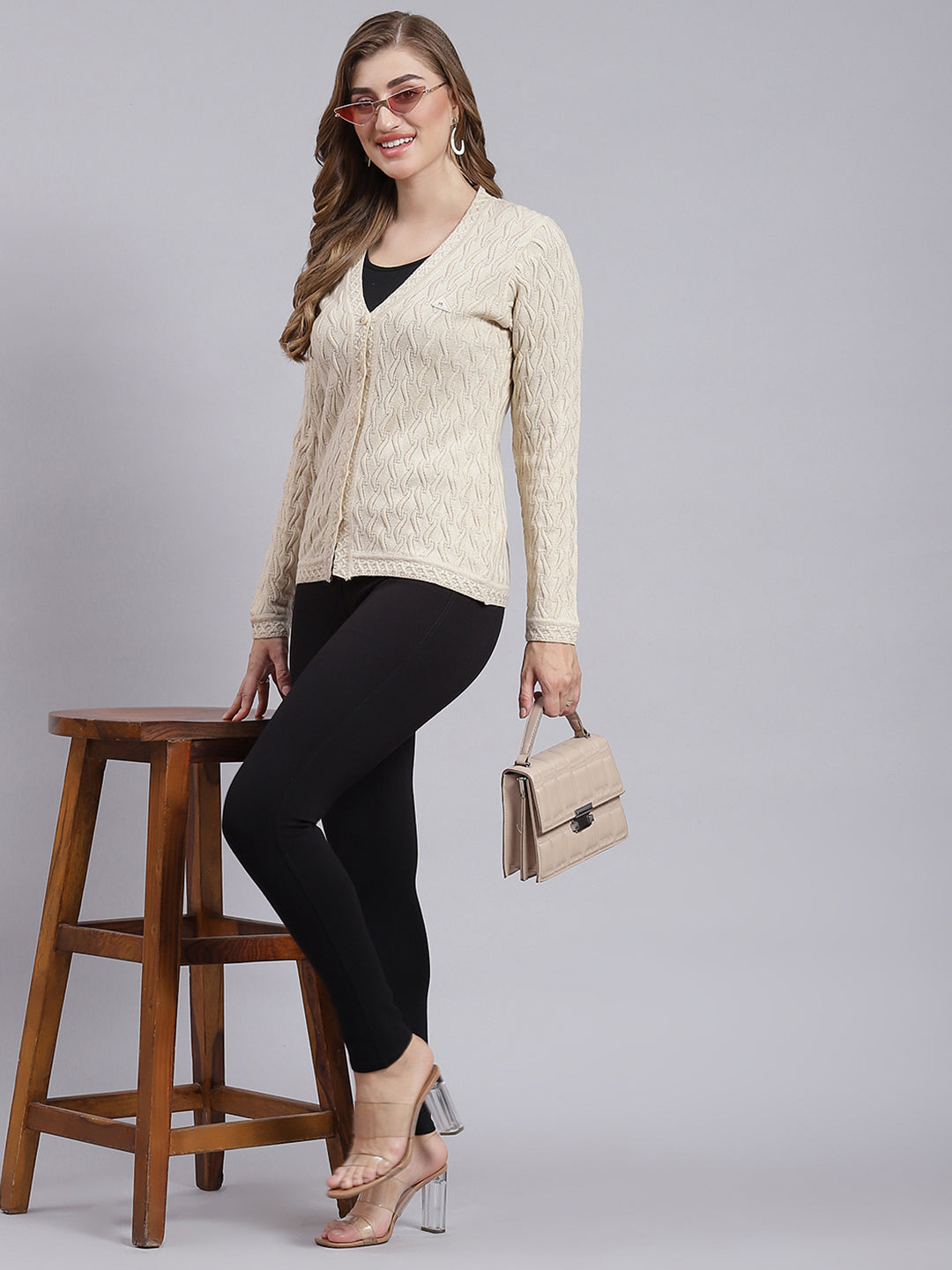 Women Beige Self Design Wool blend Cardigan