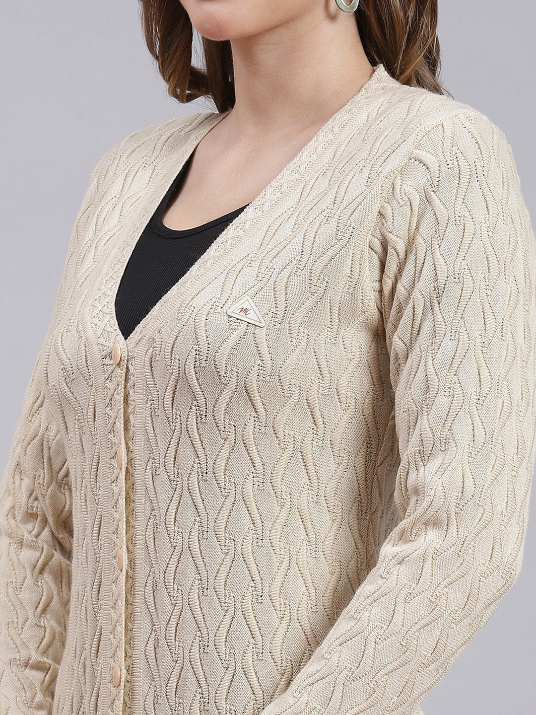 Women Beige Self Design Wool blend Cardigan