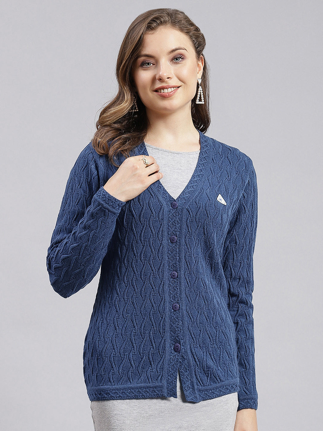 Women Blue Self Design Wool blend Cardigan