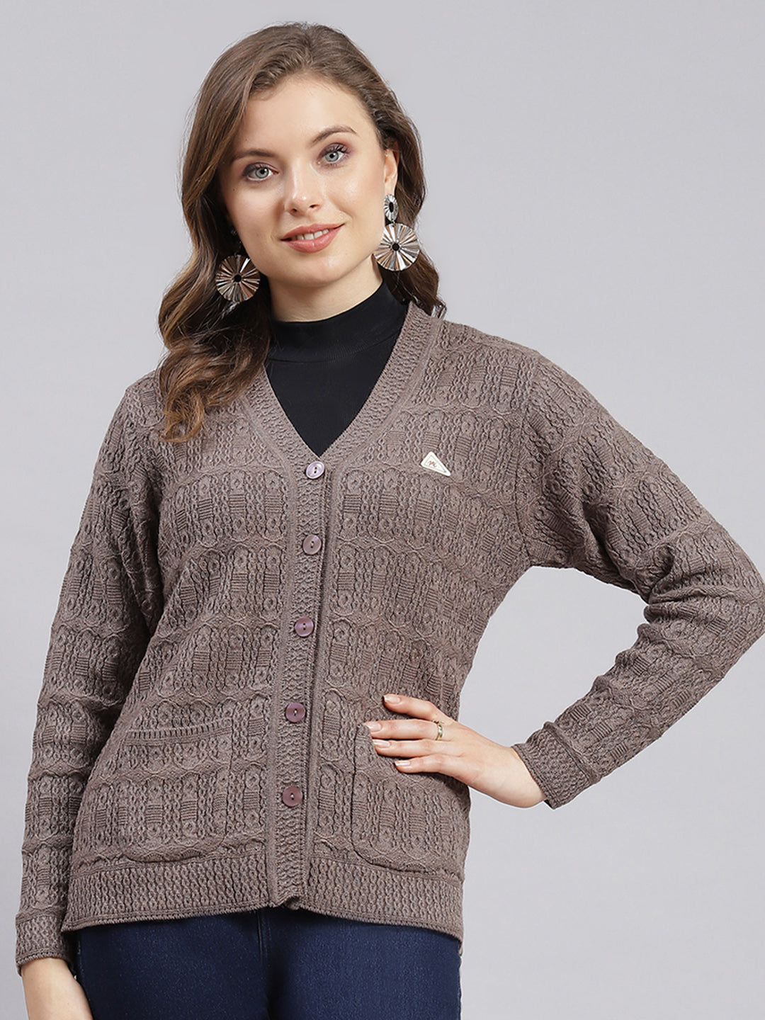 Women Beige Self Design Wool blend Cardigan