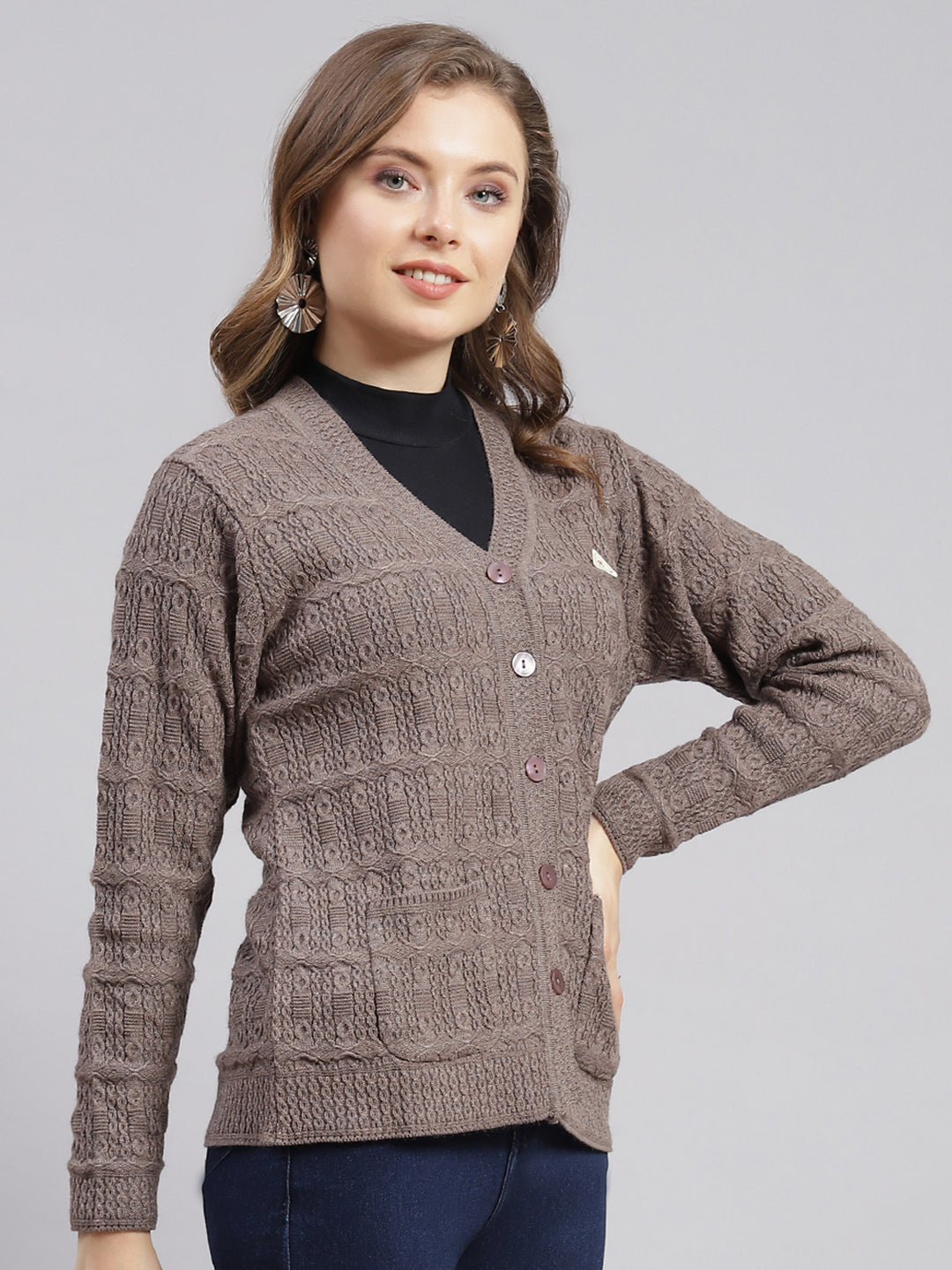 Women Beige Self Design Wool blend Cardigan